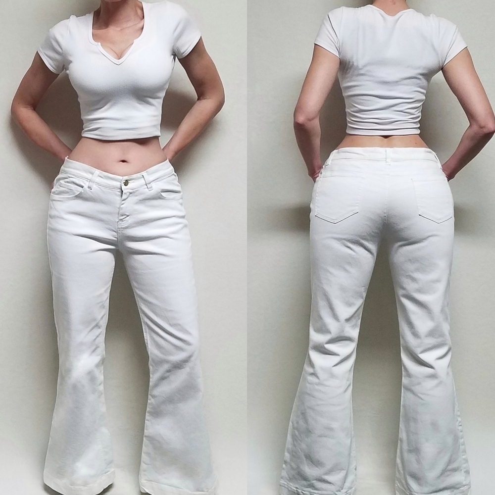 Boo Gemes White Denim Mid Rise Zip-fly Five Pocket Wide Leg Bell Bottom Jeans 10